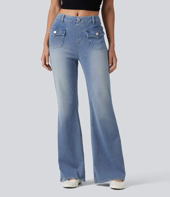 Mid Rise Casual Flare Jeans with Pockets — Blue Flower Denim — view 1