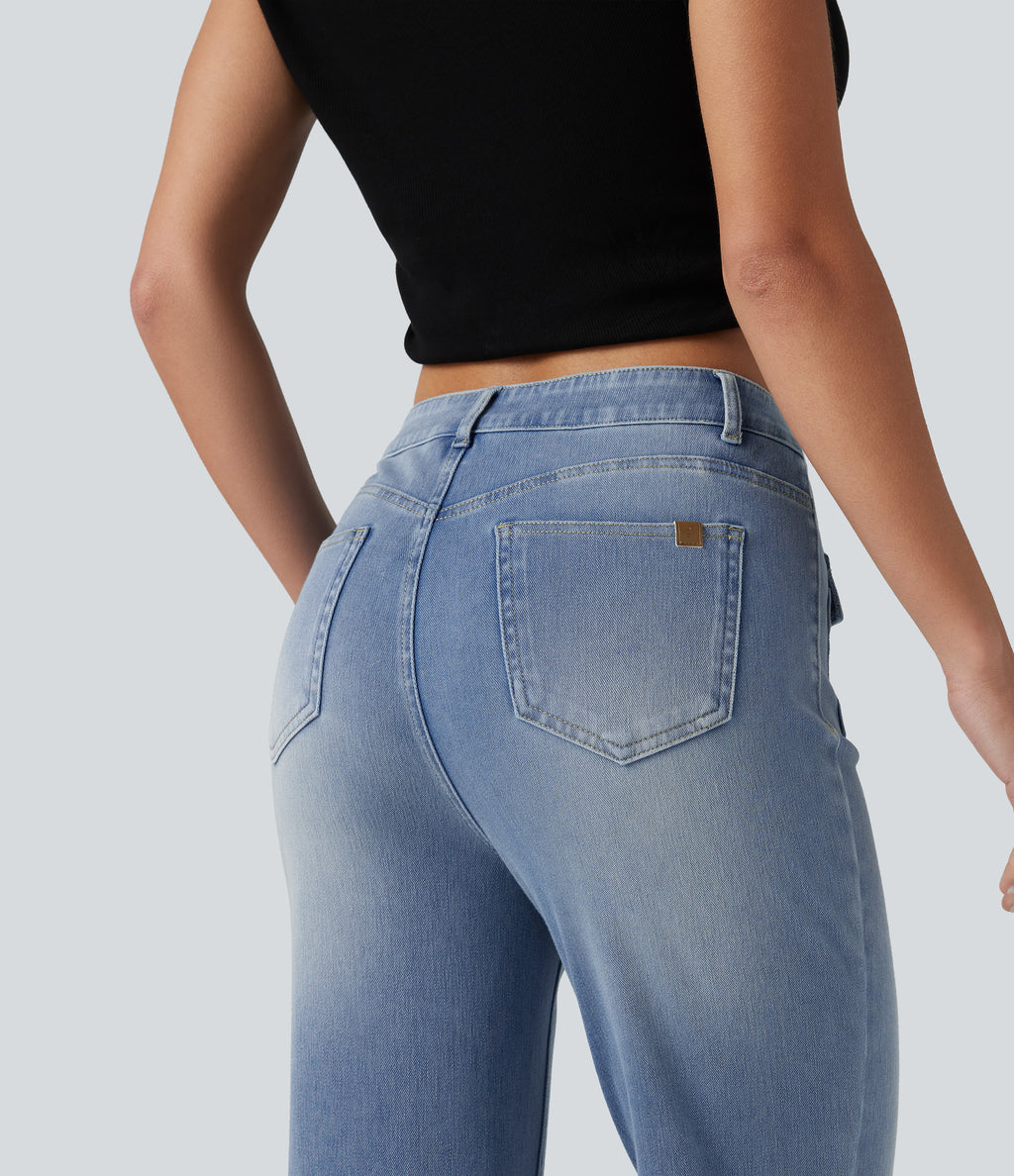 Mid Rise Casual Flare Jeans with Pockets — Blue Flower Denim — view 6