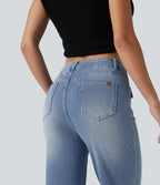 Mid Rise Casual Flare Jeans with Pockets — Blue Flower Denim — view 6