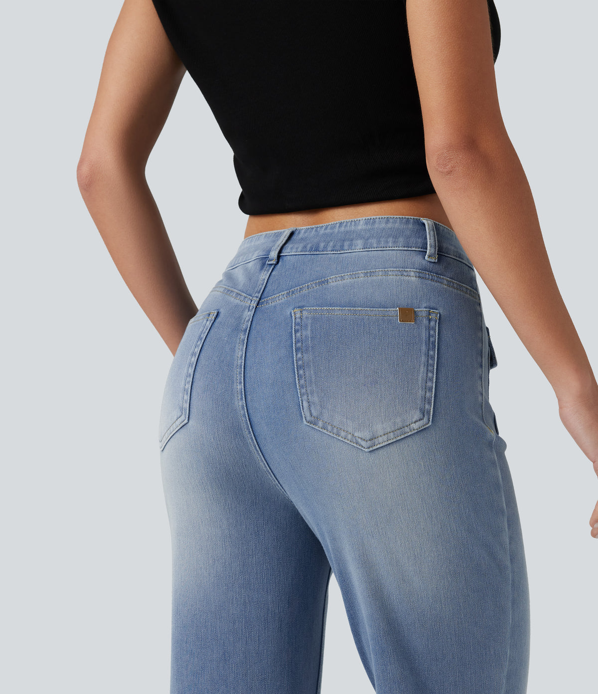 Mid Rise Casual Flare Jeans with Pockets — Blue Flower Denim — view 6