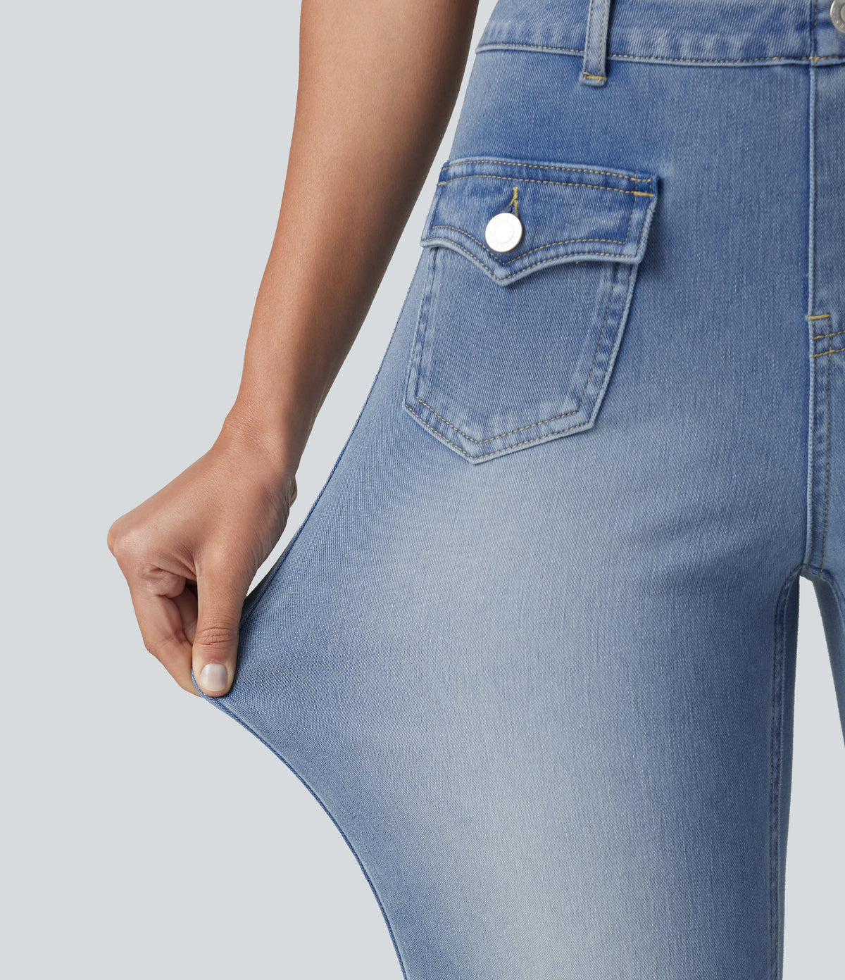 Mid Rise Casual Flare Jeans with Pockets — Blue Flower Denim — view 4