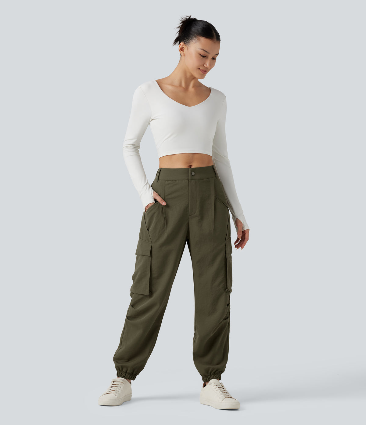Mid Rise Casual Cargo Joggers with Pockets — Ivy Green — view 6