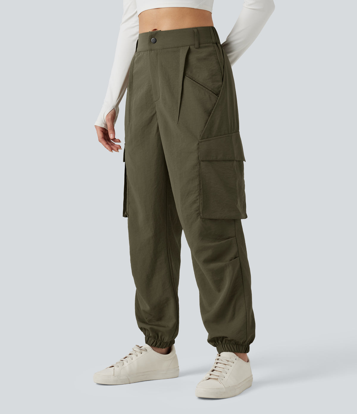 Mid Rise Casual Cargo Joggers with Pockets — Ivy Green — view 3