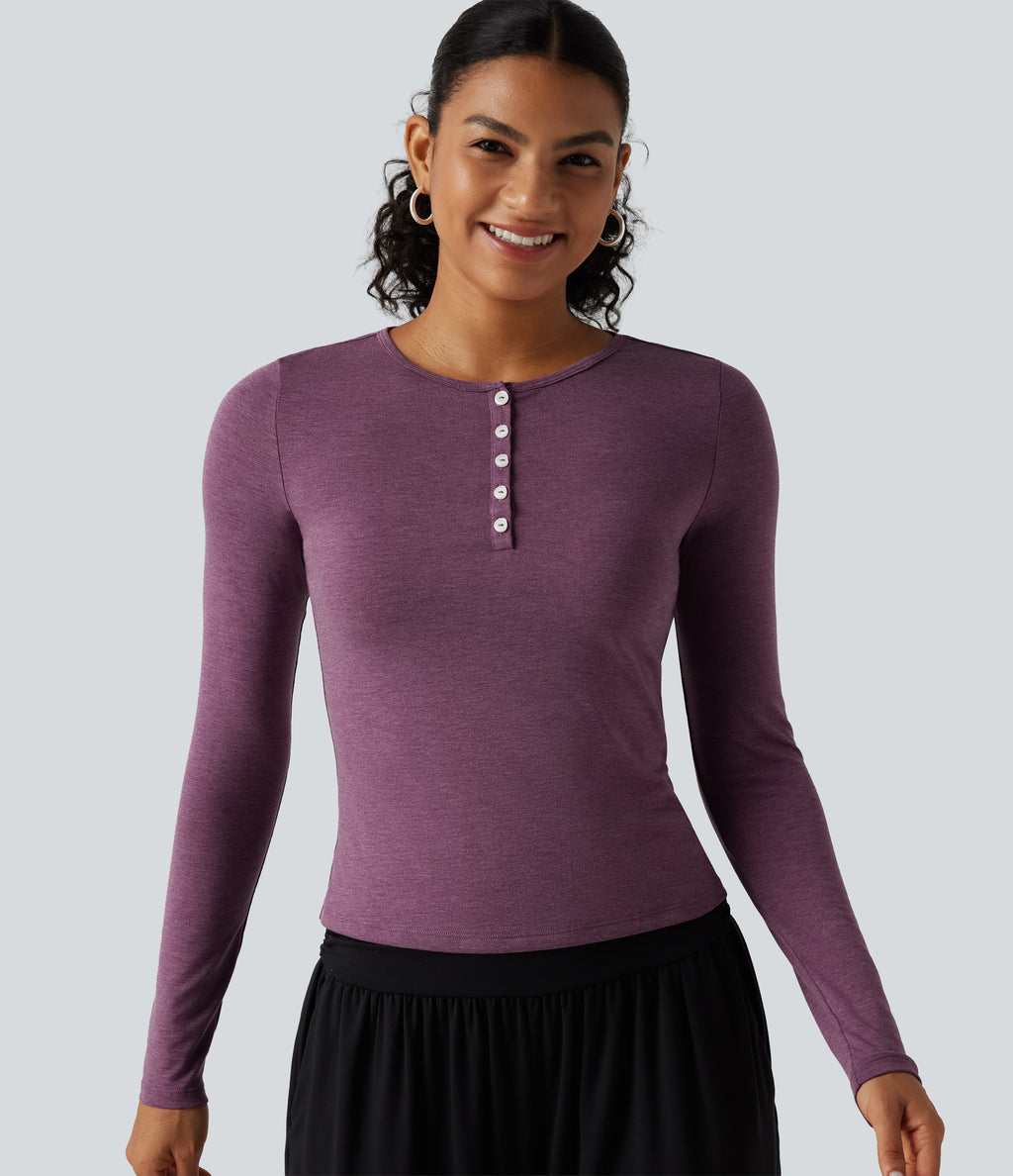 Henley Neck Long Sleeve Lounge Top — Red Violet Floral Yarn — view 8