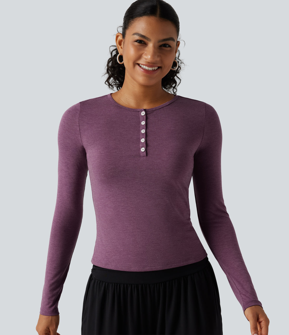 Henley Neck Long Sleeve Lounge Top — Red Violet Floral Yarn — view 8