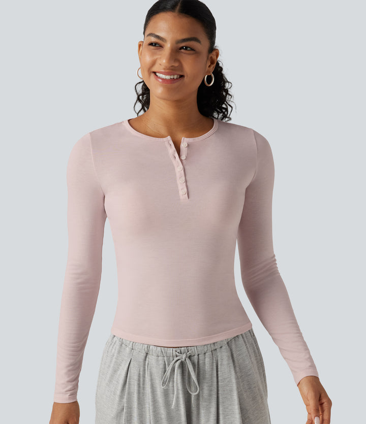 Henley Neck Long Sleeve Lounge Top — Soft Petal Heather — view 1