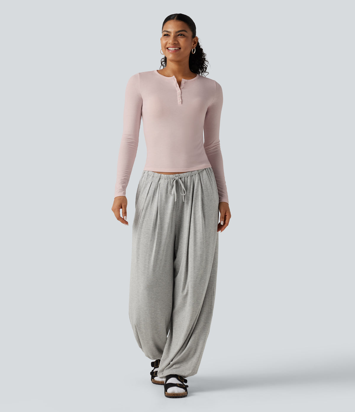Henley Neck Long Sleeve Lounge Top — Soft Petal Heather — view 7