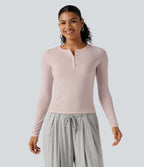 Henley Neck Long Sleeve Lounge Top — Soft Petal Heather — view 4