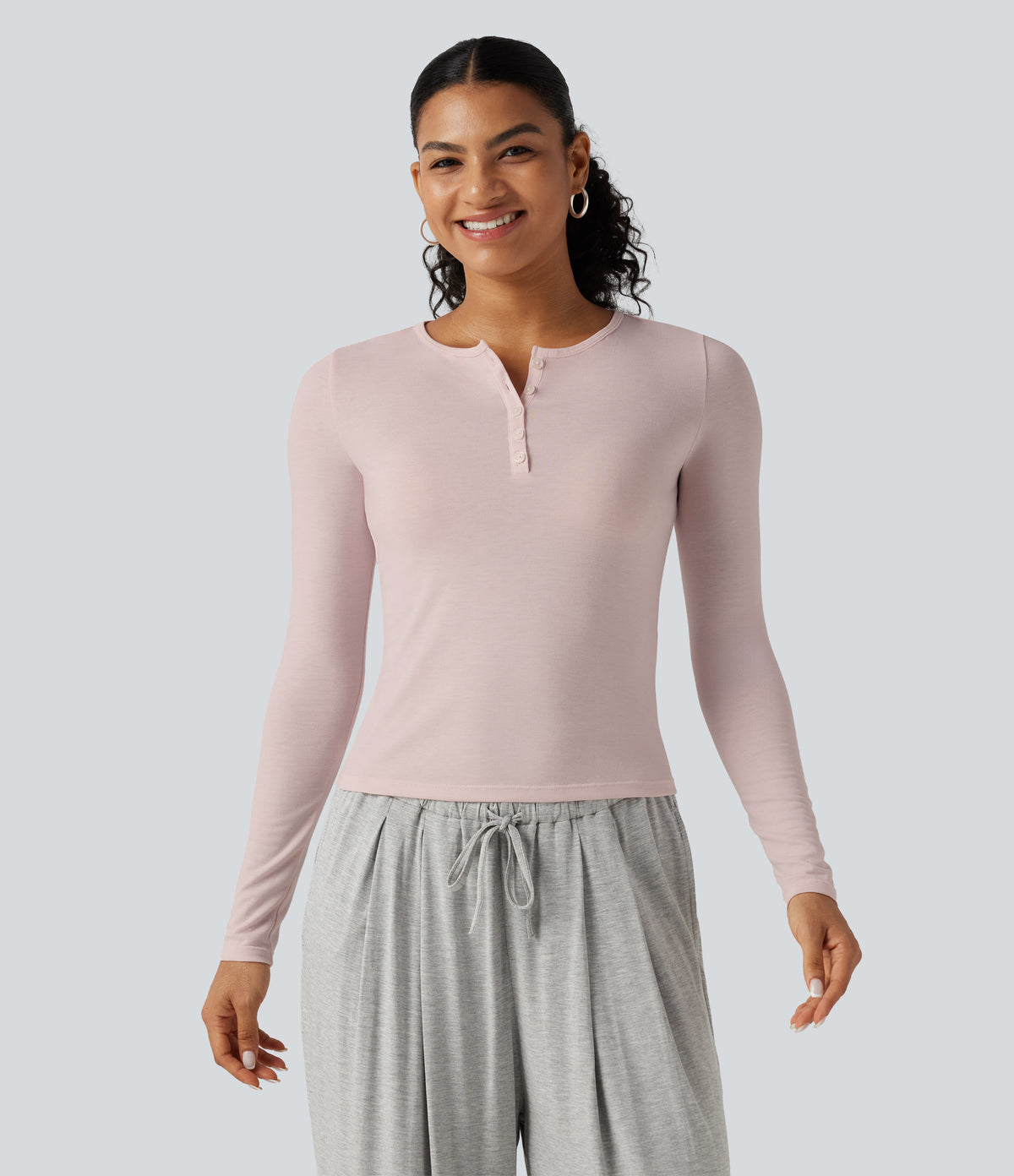 Henley Neck Long Sleeve Lounge Top — Soft Petal Heather — view 4