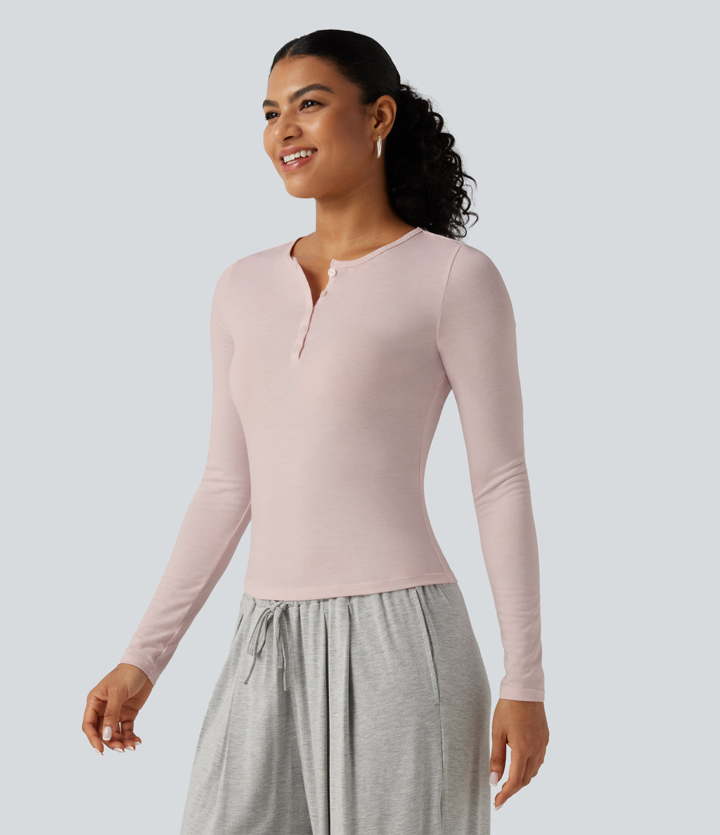 Henley Neck Long Sleeve Lounge Top — Soft Petal Heather — view 3