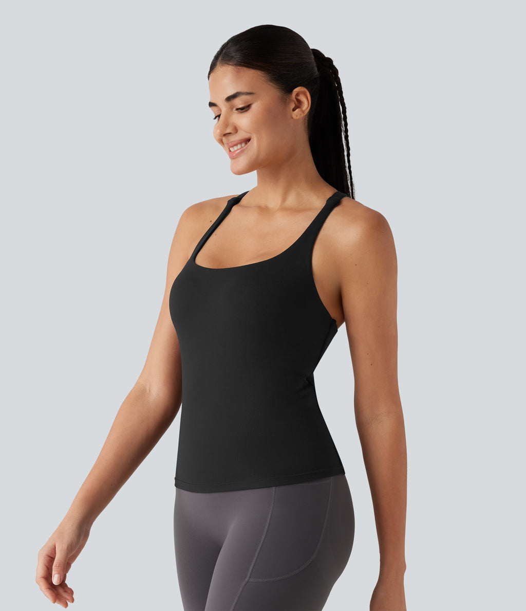 Crisscross Backless Built-in Bra Running Tank Top-Longer Length A-D Cups — Black — view 3