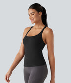Crisscross Backless Built-in Bra Running Tank Top-Longer Length A-D Cups — Black — view 3