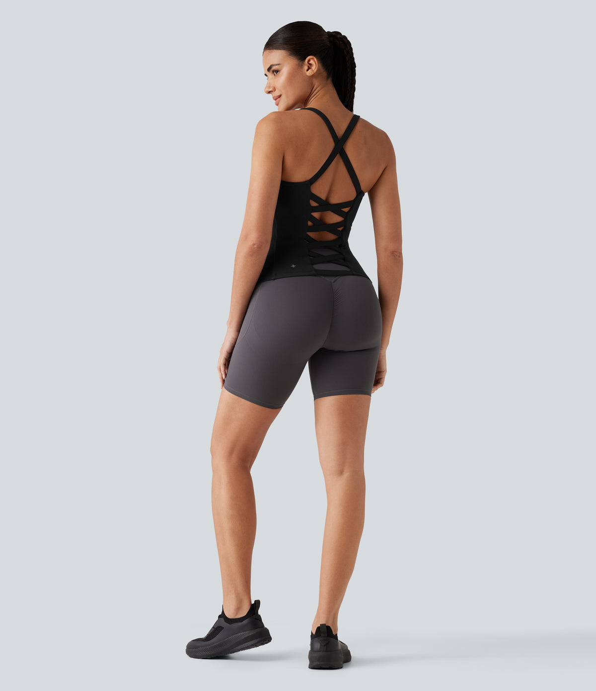 Crisscross Backless Built-in Bra Running Tank Top-Longer Length A-D Cups — Black — view 8