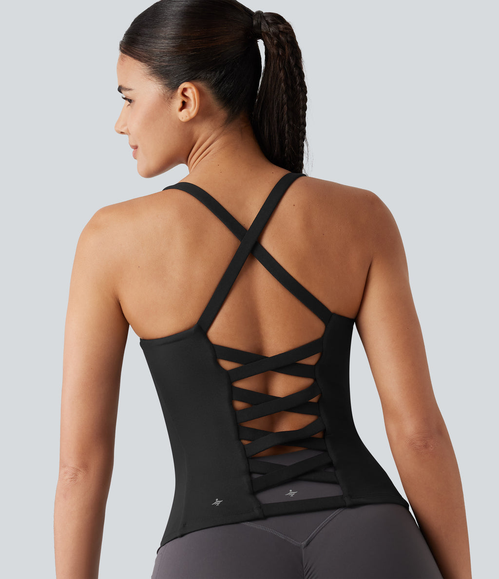 Crisscross Backless Built-in Bra Running Tank Top-Longer Length A-D Cups — Black — view 1
