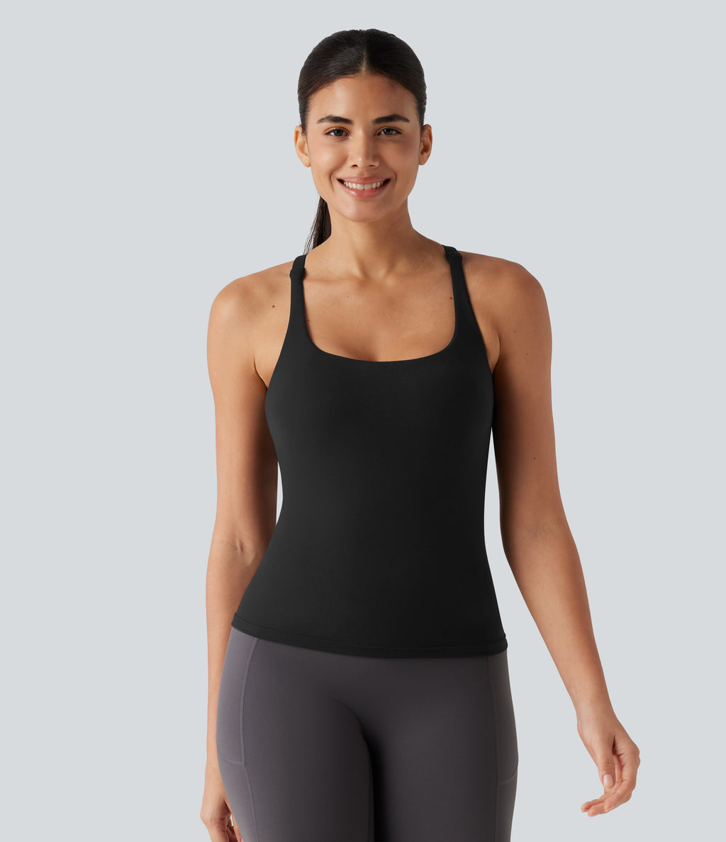Crisscross Backless Built-in Bra Running Tank Top-Longer Length A-D Cups — Black — view 2