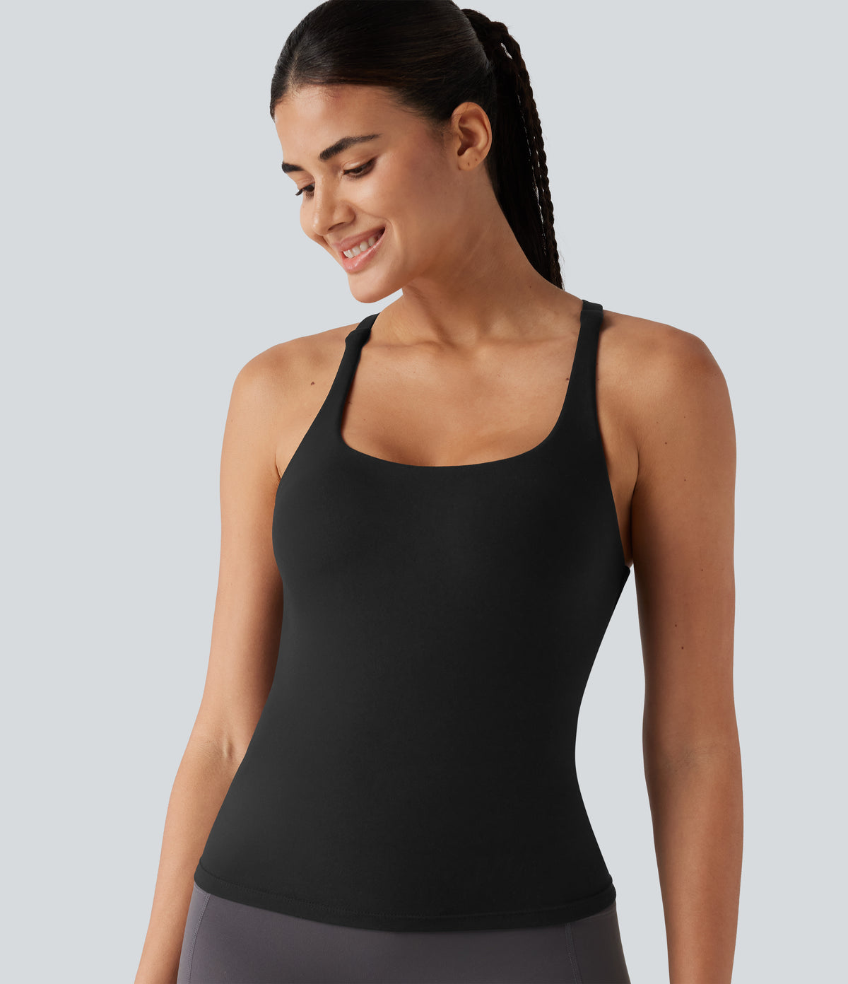 Crisscross Backless Built-in Bra Running Tank Top-Longer Length A-D Cups — Black — view 6