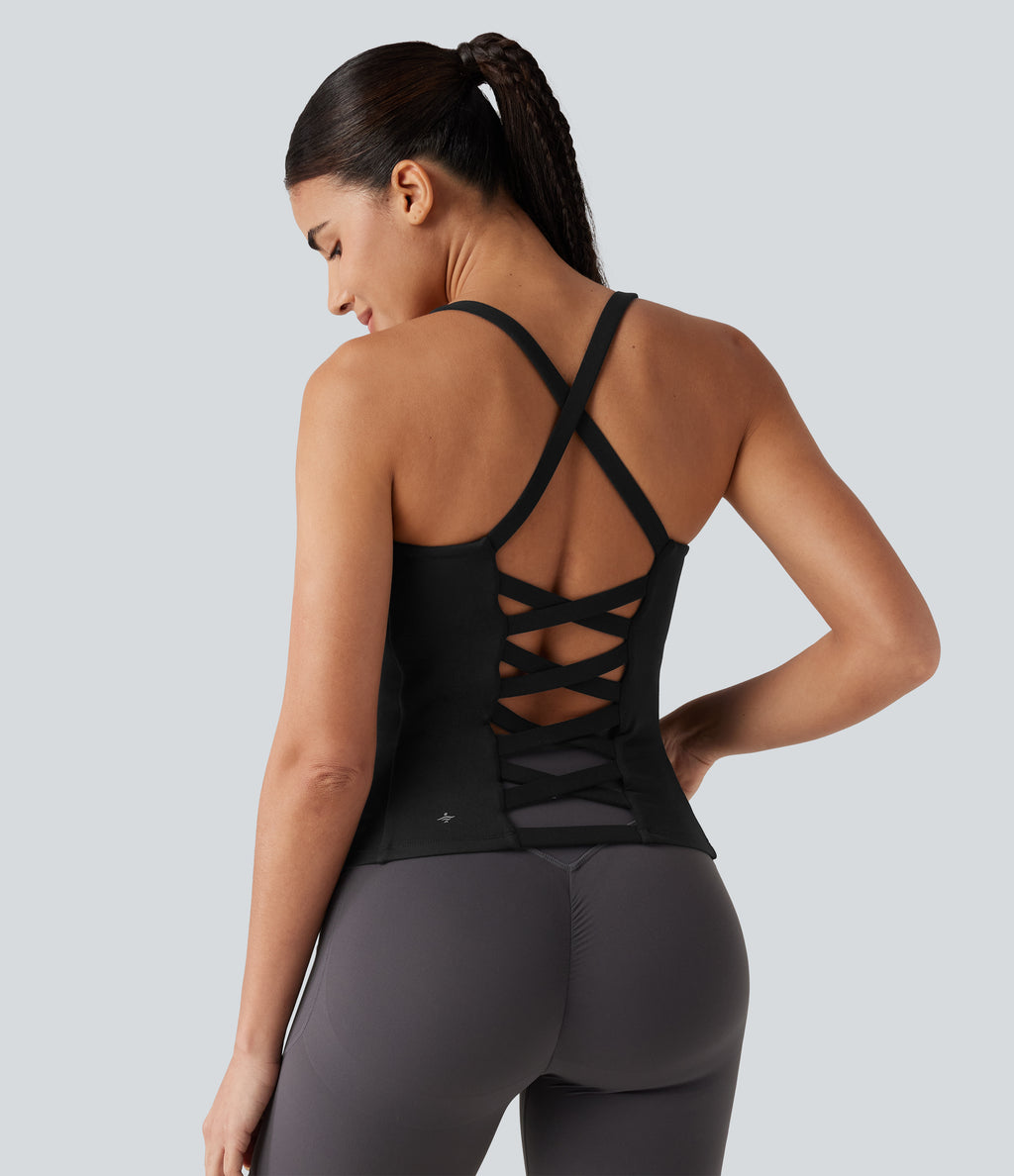 Crisscross Backless Built-in Bra Running Tank Top-Longer Length A-D Cups — Black — view 4