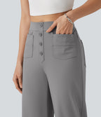 High Waisted Straight Leg Cropped Casual Trousers with Pockets — Silent Storm — view 6