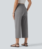 High Waisted Straight Leg Cropped Casual Trousers with Pockets — Silent Storm — view 2