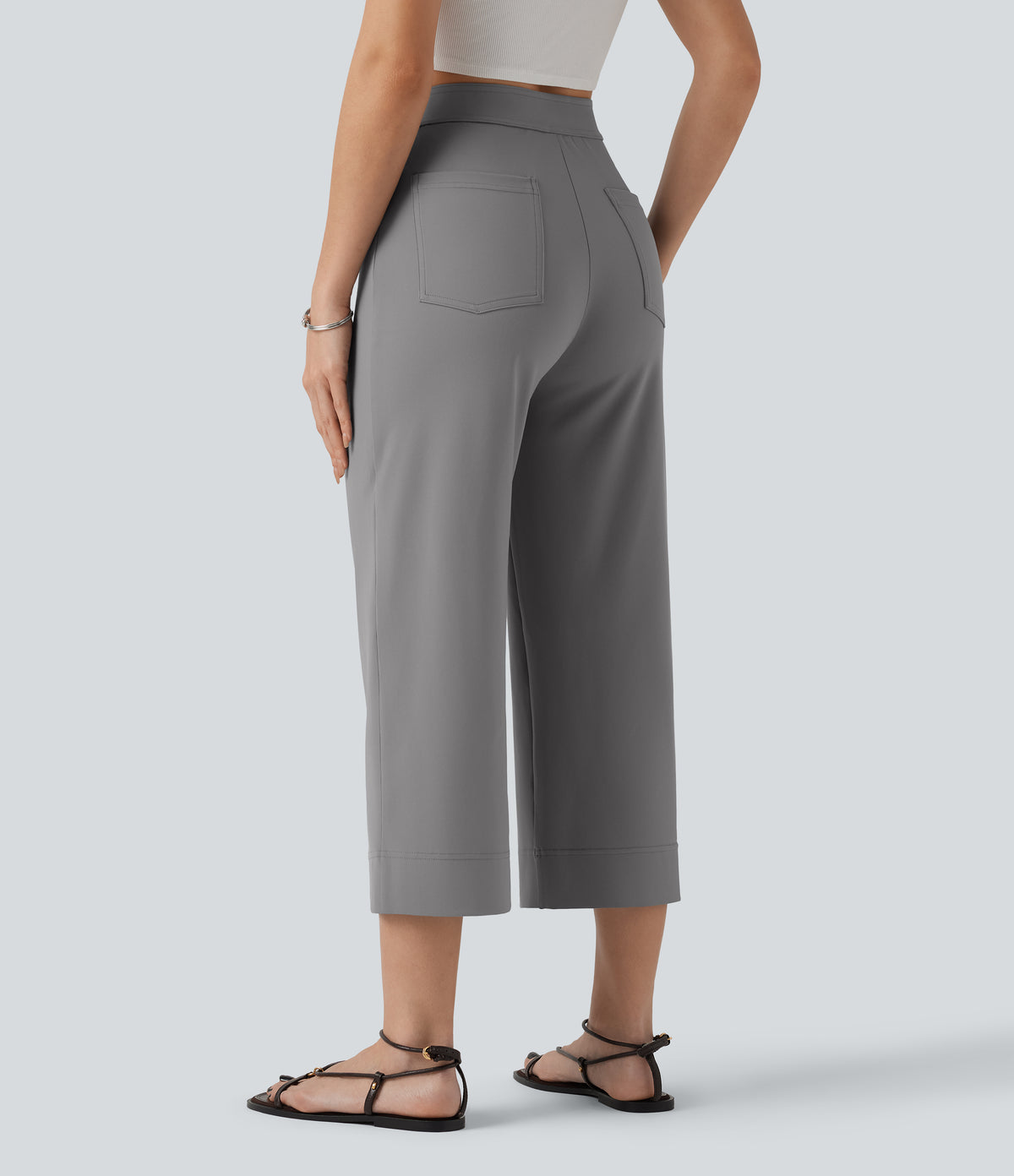 High Waisted Straight Leg Cropped Casual Trousers with Pockets — Silent Storm — view 2