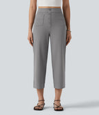 High Waisted Straight Leg Cropped Casual Trousers with Pockets — Silent Storm — view 1