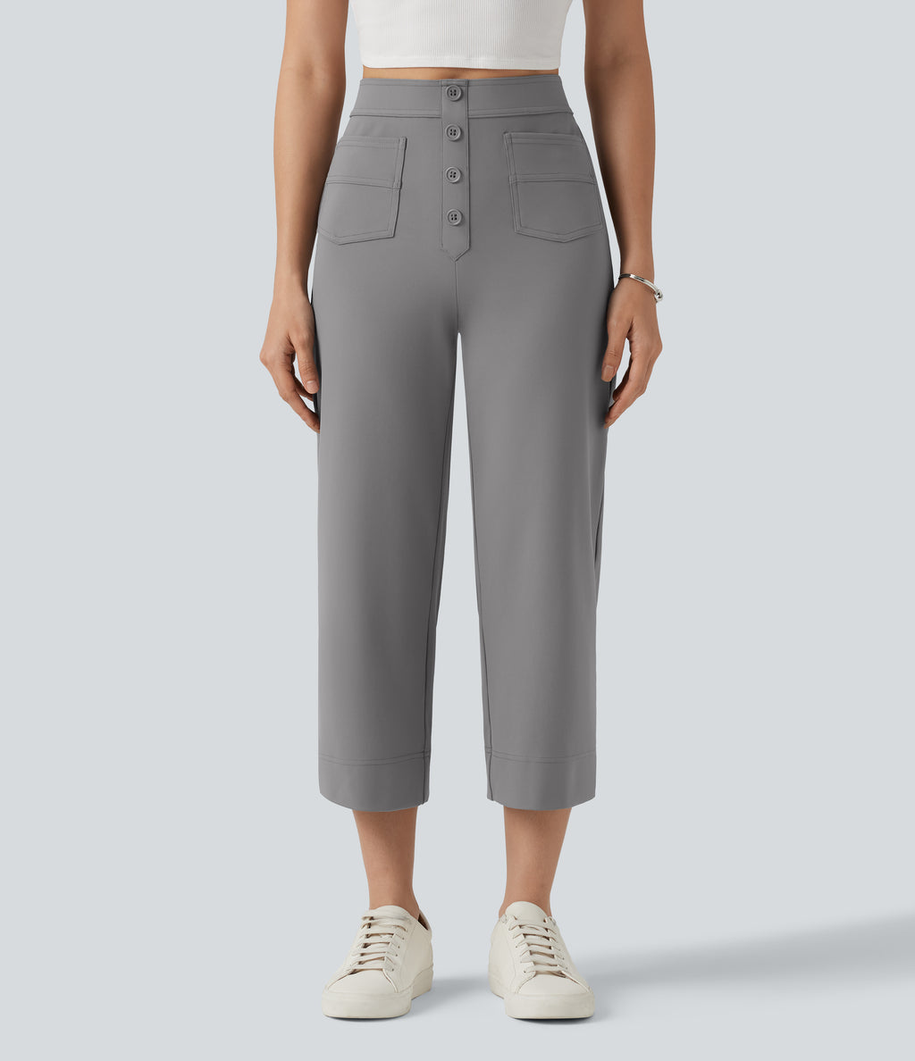 High Waisted Straight Leg Cropped Casual Trousers with Pockets — Silent Storm — view 4