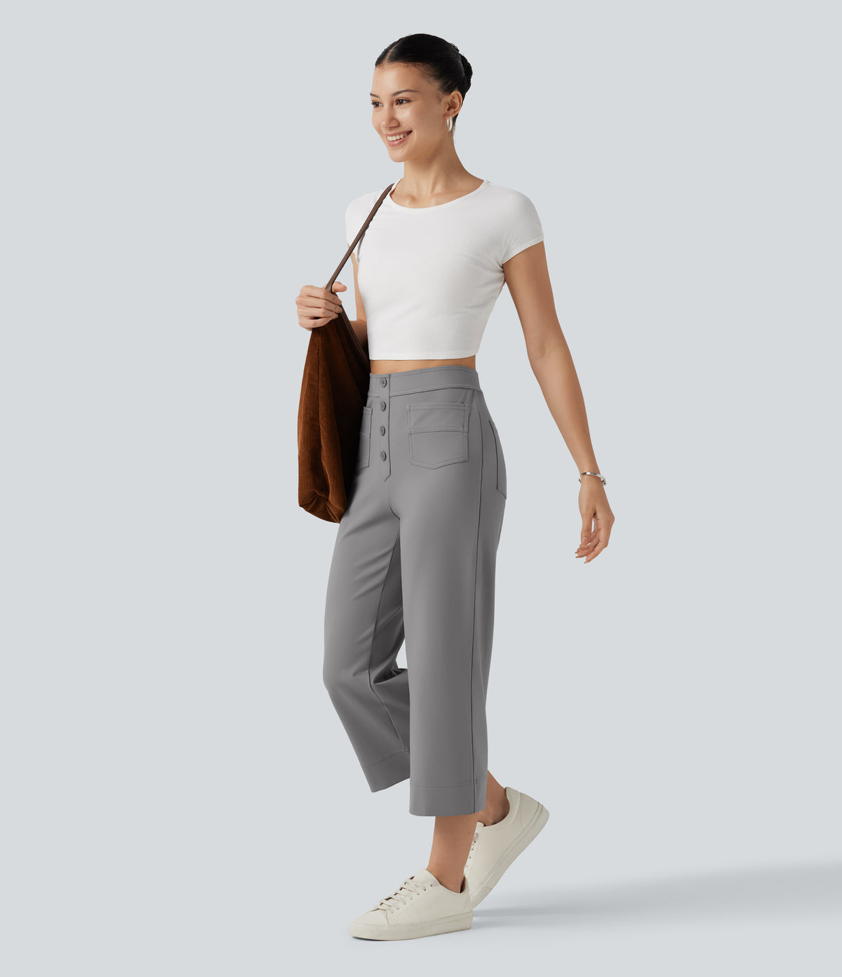 High Waisted Straight Leg Cropped Casual Trousers with Pockets — Silent Storm — view 8