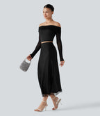 High-waisted Satin Contrast Lace Midi Casual A-Line Skirt — Black — view 6