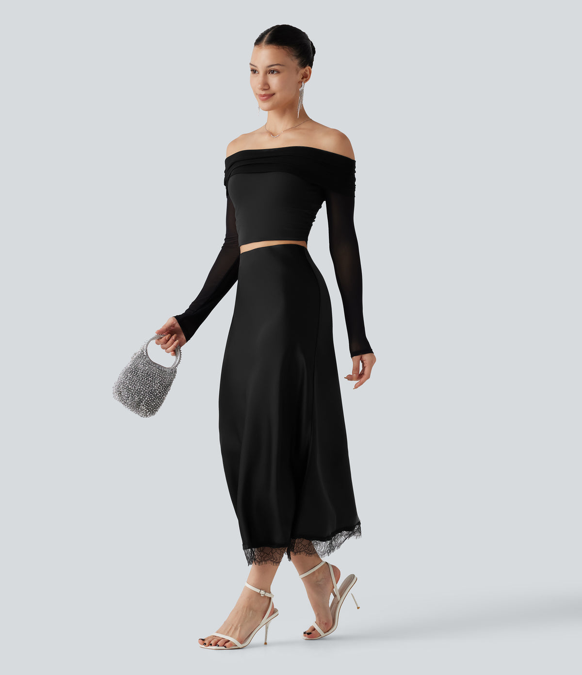 High-waisted Satin Contrast Lace Midi Casual A-Line Skirt — Black — view 6