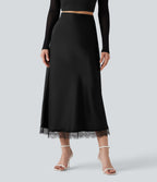 High-waisted Satin Contrast Lace Midi Casual A-Line Skirt — Black — view 3