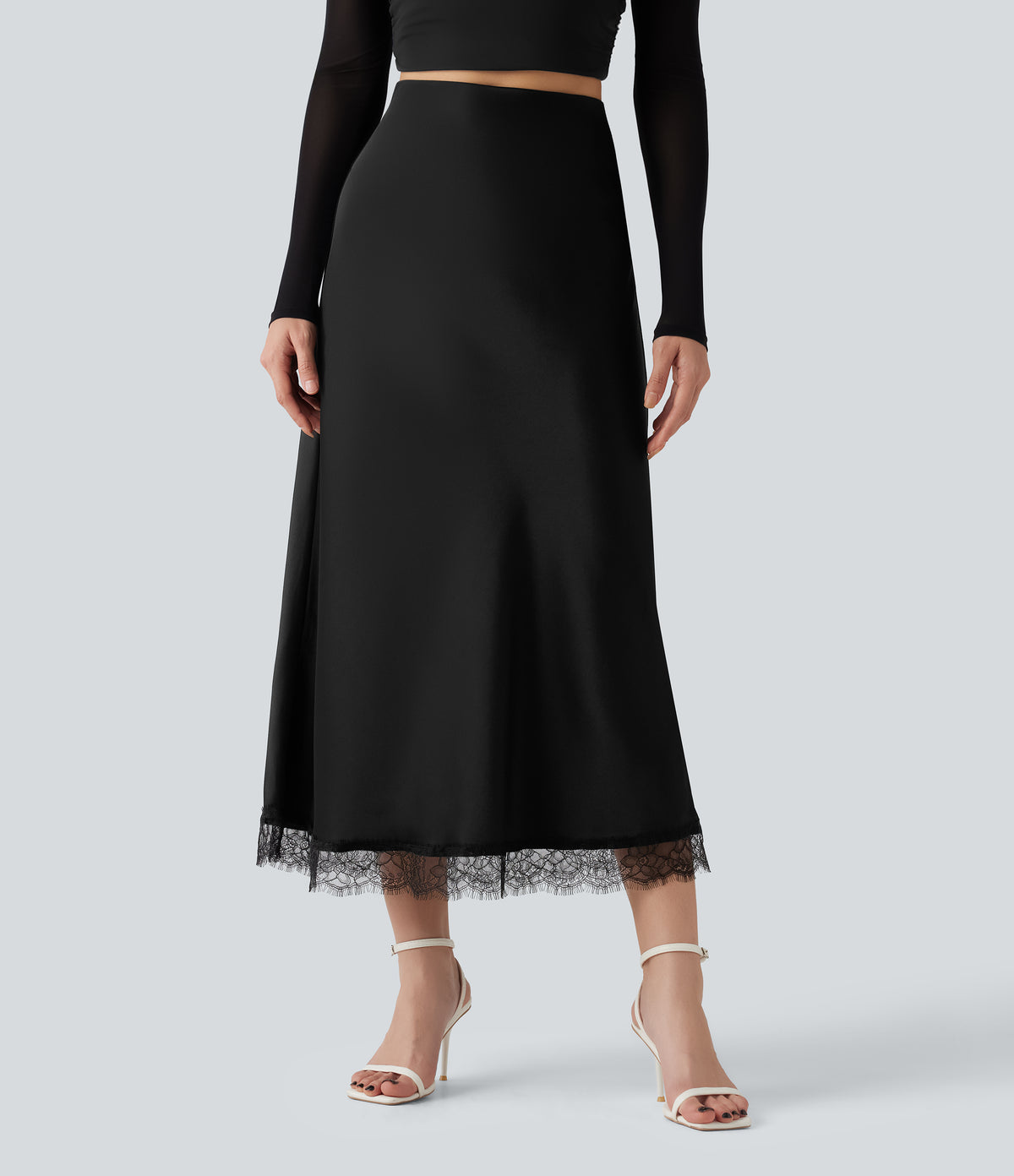 High-waisted Satin Contrast Lace Midi Casual A-Line Skirt — Black — view 3