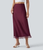 High-waisted Satin Contrast Lace Midi Casual A-Line Skirt — Red Plum — view 8