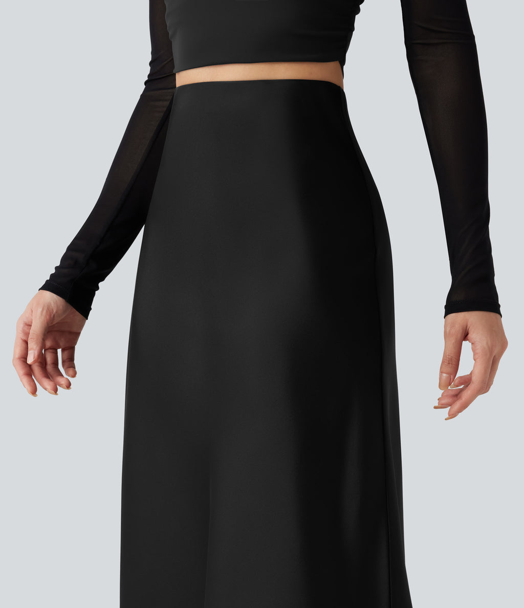 High-waisted Satin Contrast Lace Midi Casual A-Line Skirt — Black — view 4