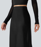 High-waisted Satin Contrast Lace Midi Casual A-Line Skirt — Black — view 4