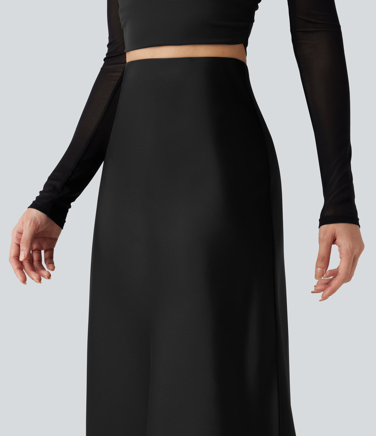 High-waisted Satin Contrast Lace Midi Casual A-Line Skirt — Black — view 4