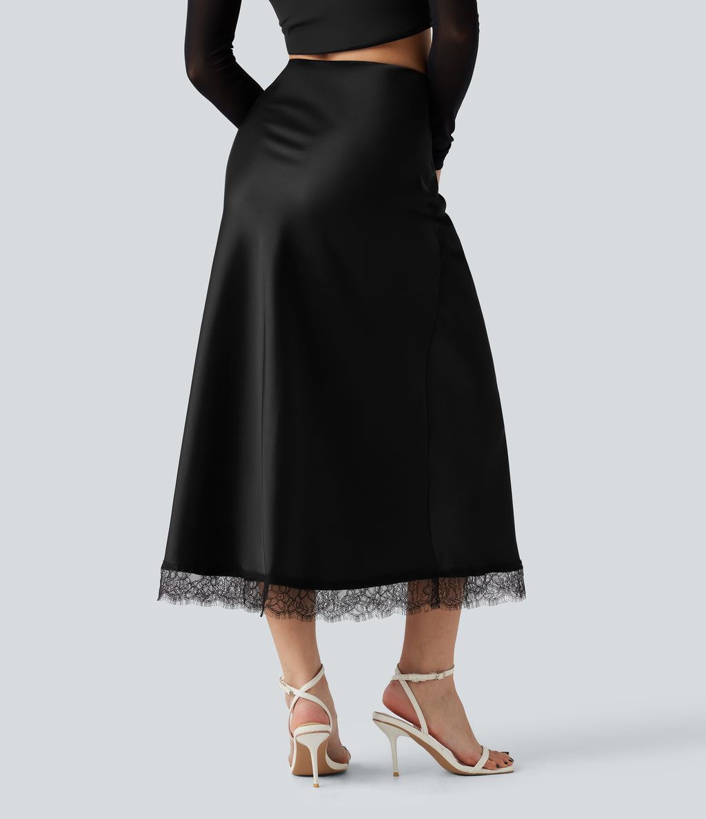 High-waisted Satin Contrast Lace Midi Casual A-Line Skirt — Black — view 2