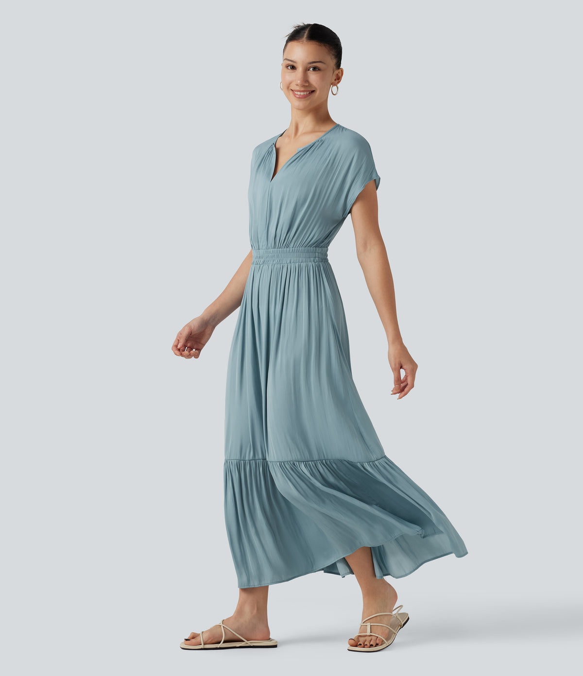 V Neck Short Sleeve Flowy Midi Casual Dress — Stone Blue — view 1