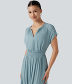 V Neck Short Sleeve Flowy Midi Casual Dress — Stone Blue — view 4