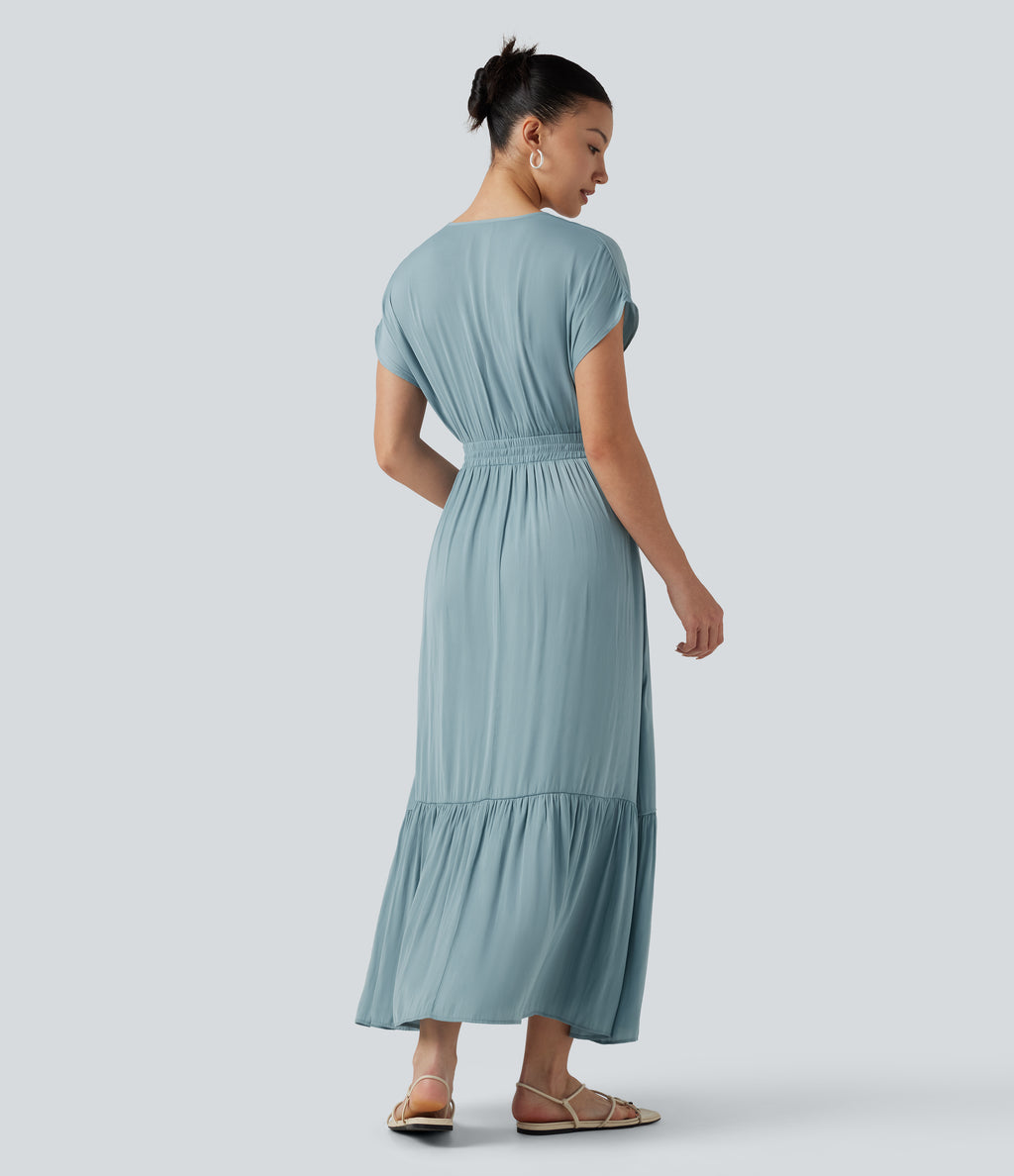 V Neck Short Sleeve Flowy Midi Casual Dress — Stone Blue — view 2