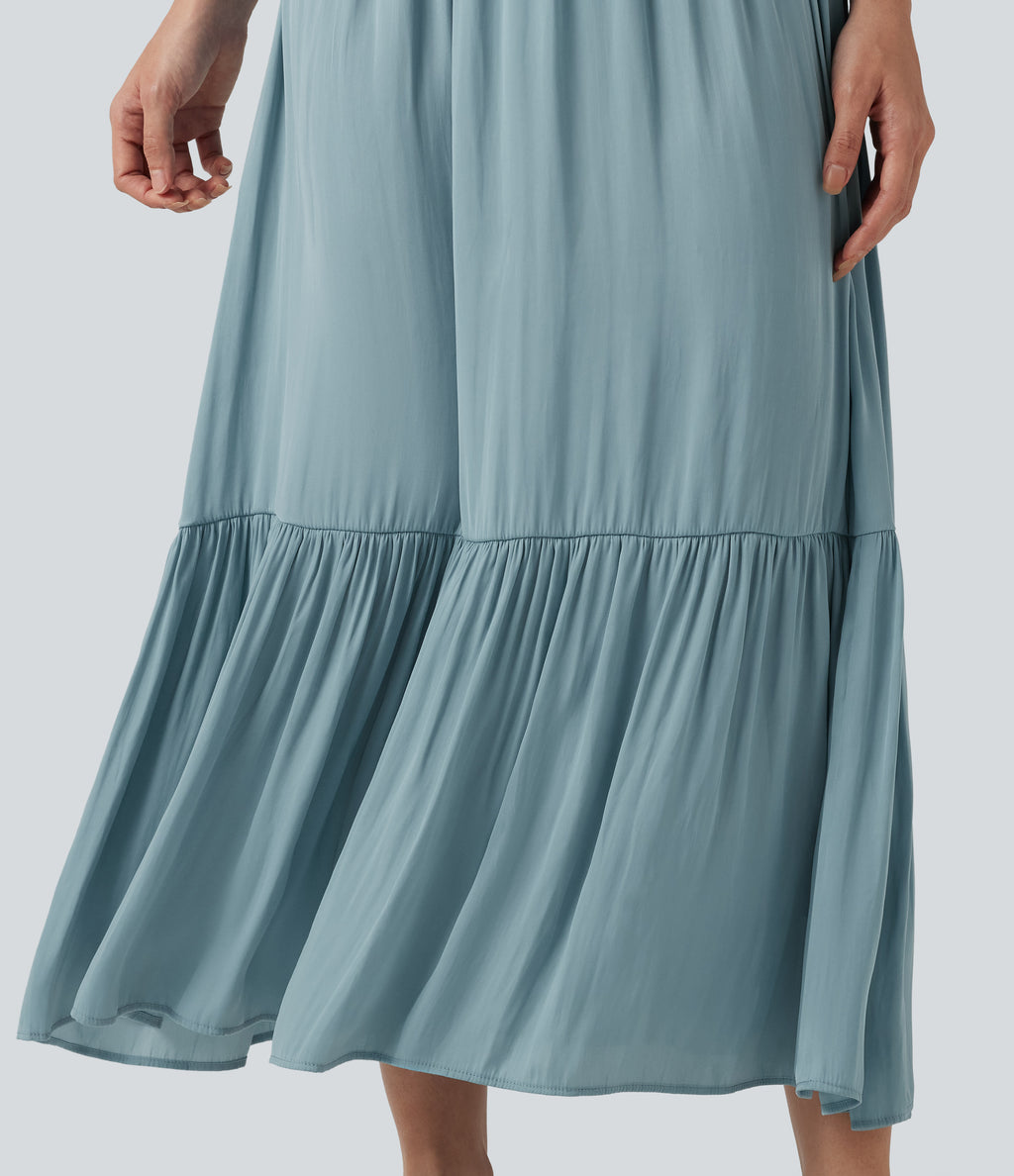 V Neck Short Sleeve Flowy Midi Casual Dress — Stone Blue — view 5