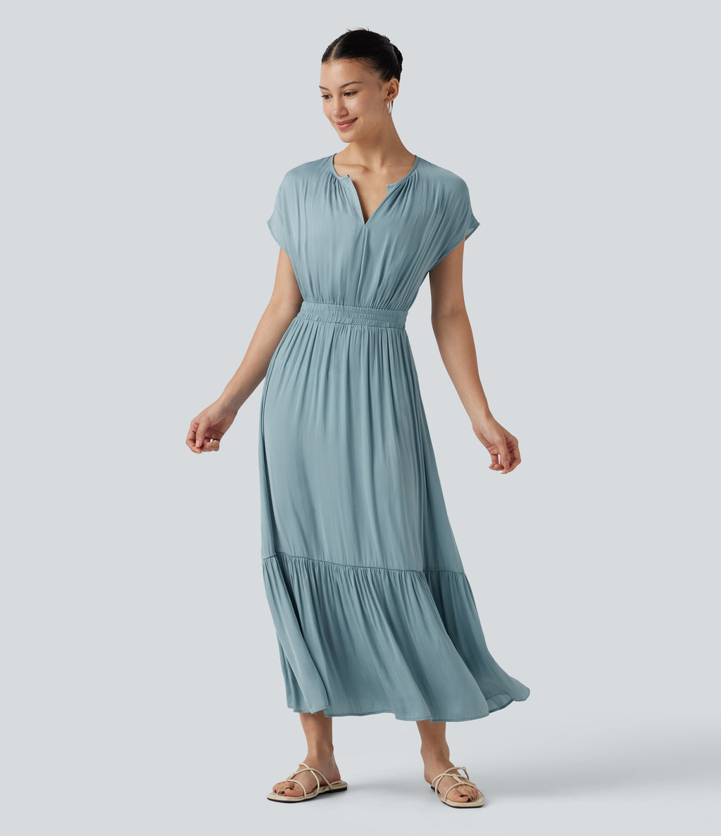 V Neck Short Sleeve Flowy Midi Casual Dress — Stone Blue — view 3
