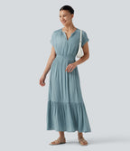 V Neck Short Sleeve Flowy Midi Casual Dress — Stone Blue — view 6