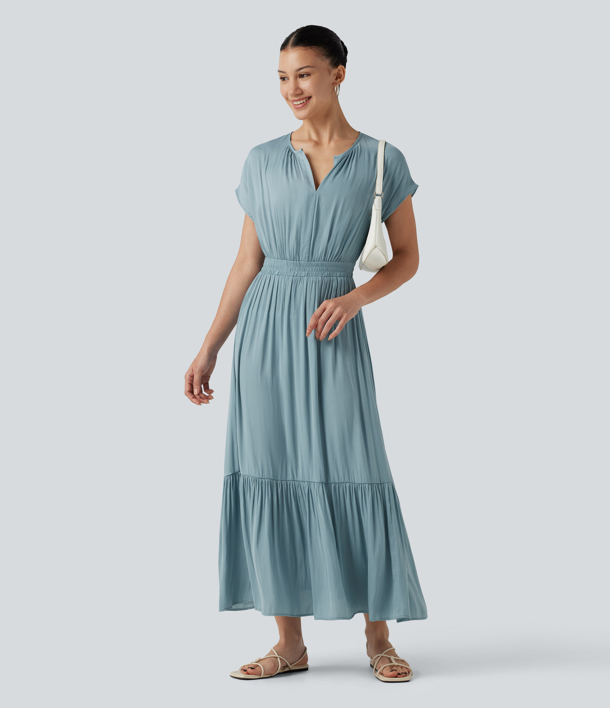 V Neck Short Sleeve Flowy Midi Casual Dress — Stone Blue — view 6