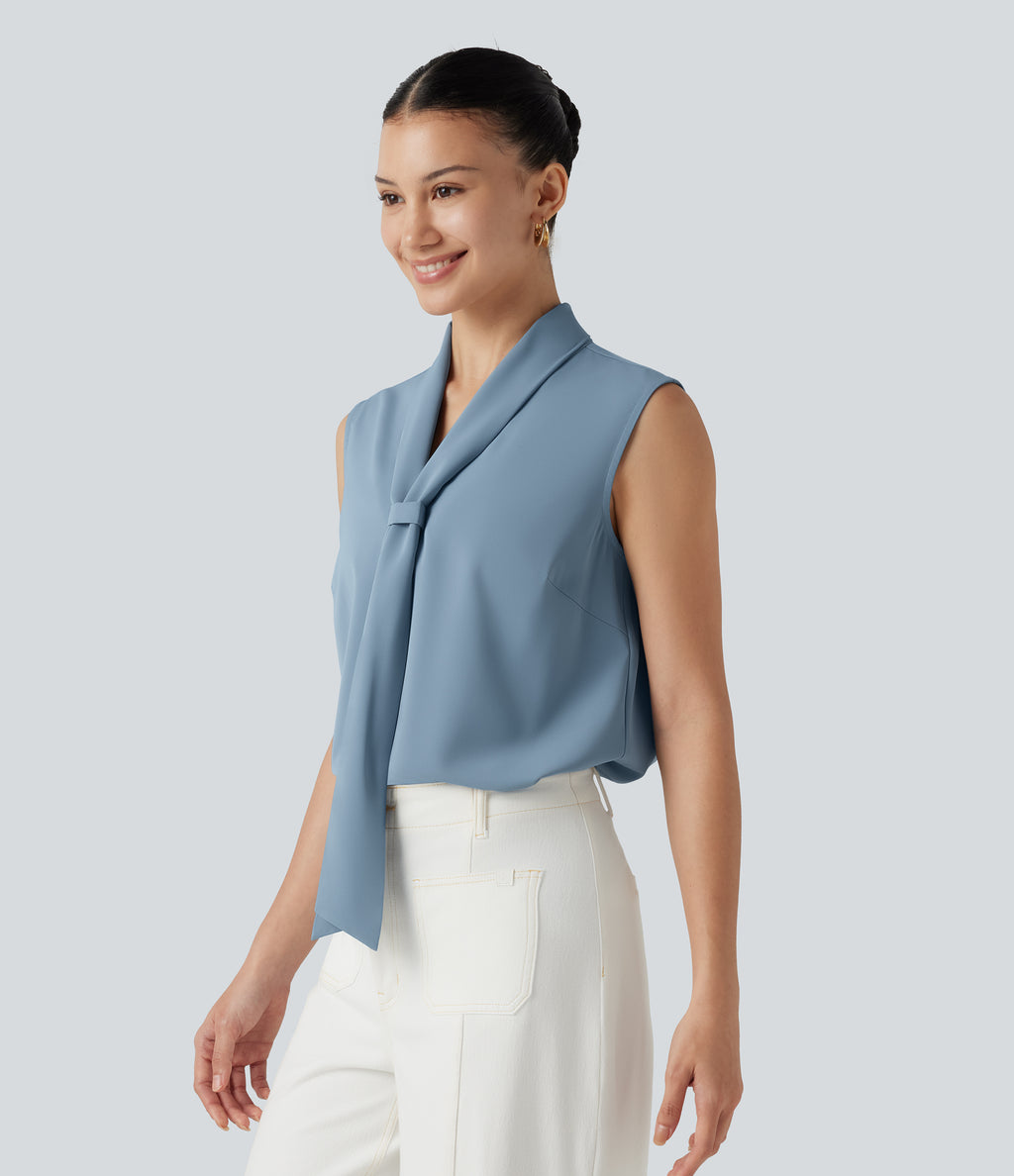 Wrinkle Recovery V Neck Sleeveless Relaxed Work Tie Blouse — Mountain Spring — view 3