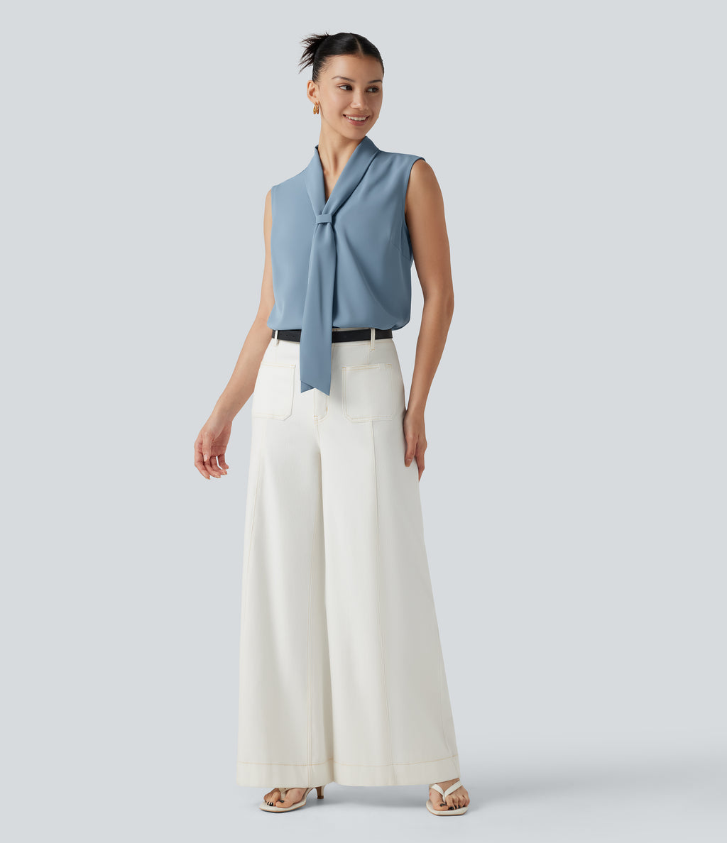 Wrinkle Recovery V Neck Sleeveless Relaxed Work Tie Blouse — Mountain Spring — view 8