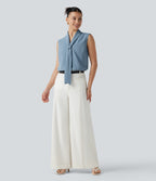 Wrinkle Recovery V Neck Sleeveless Relaxed Work Tie Blouse — Mountain Spring — view 8