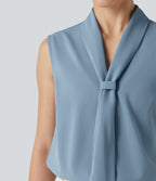 Wrinkle Recovery V Neck Sleeveless Relaxed Work Tie Blouse — Mountain Spring — view 6
