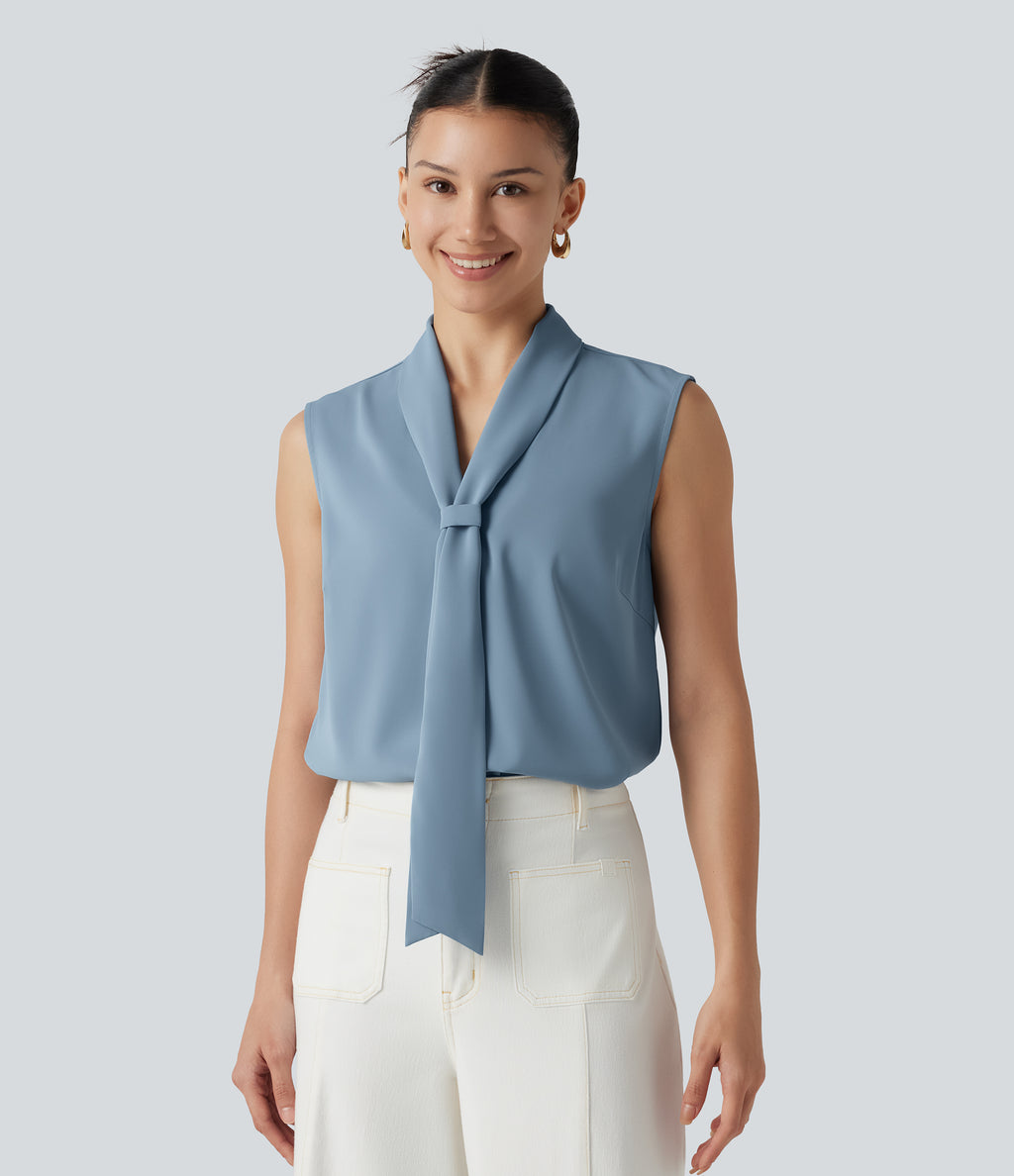 Wrinkle Recovery V Neck Sleeveless Relaxed Work Tie Blouse — Mountain Spring — view 5