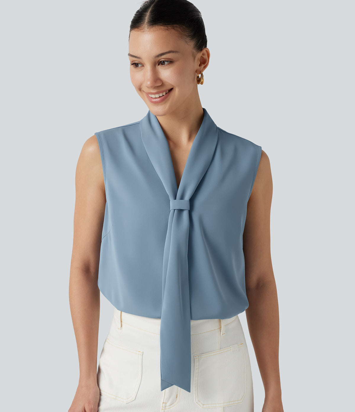 Wrinkle Recovery V Neck Sleeveless Relaxed Work Tie Blouse — Mountain Spring — view 1