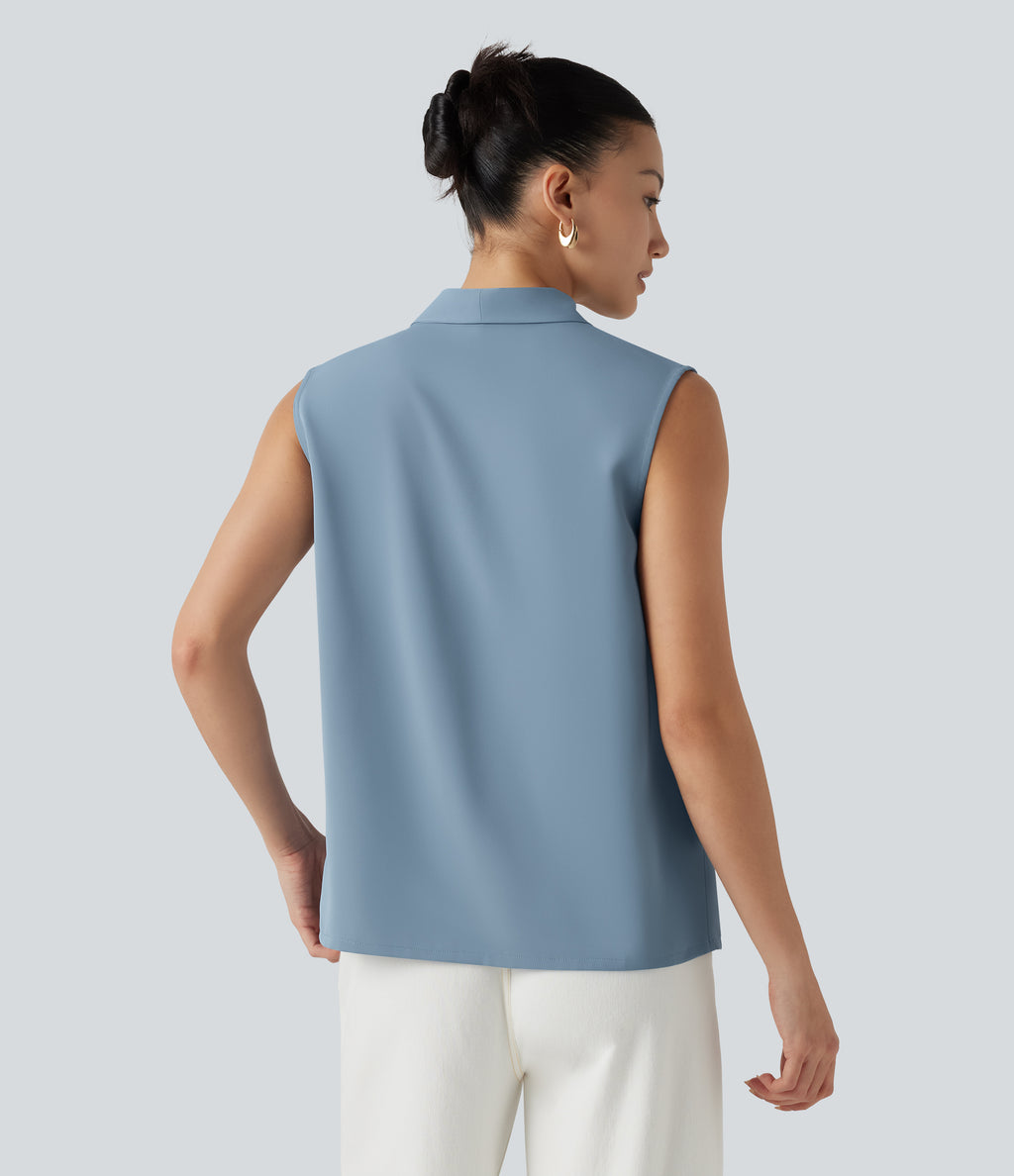 Wrinkle Recovery V Neck Sleeveless Relaxed Work Tie Blouse — Mountain Spring — view 2